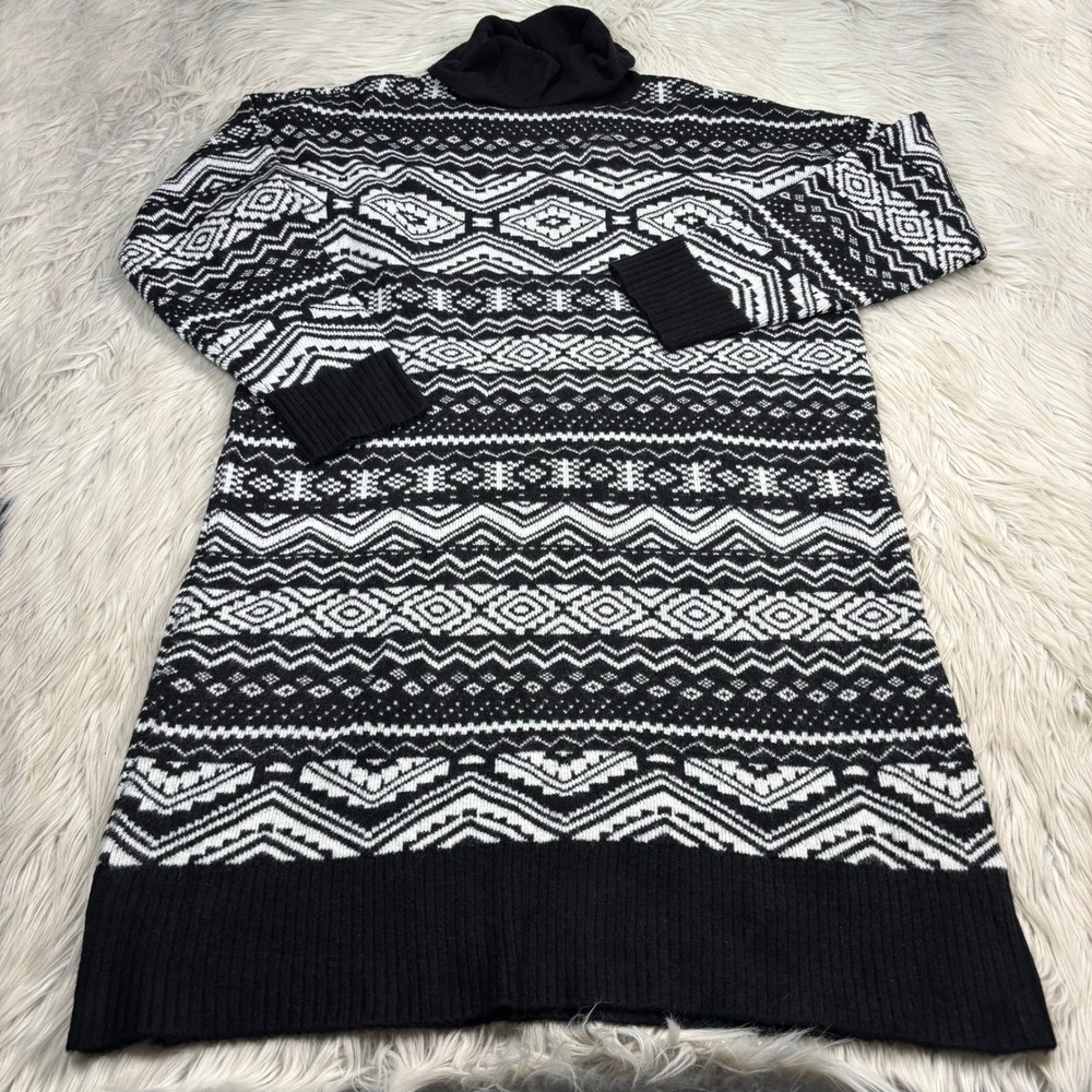 LOFT Women's L Black White Geo Fair Isle Turtleneck Sweater Dress Preppy Scandi